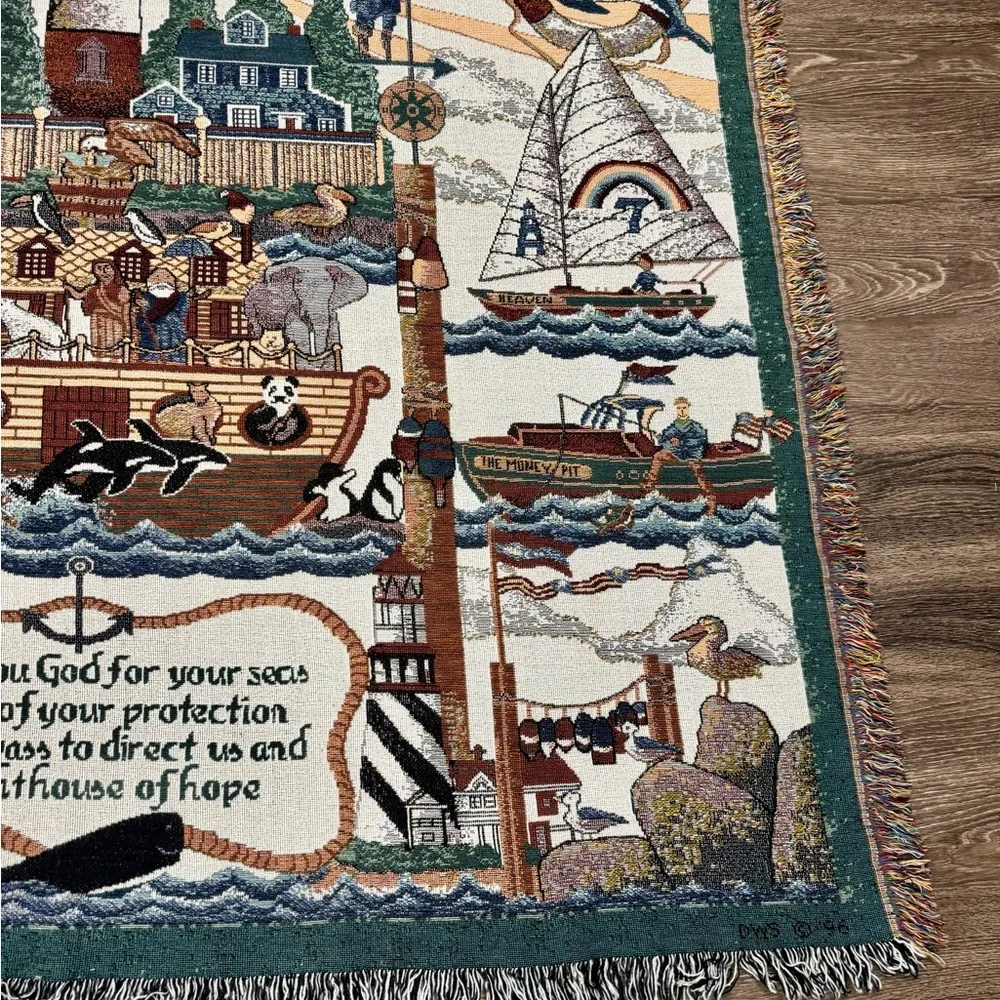 Vintage Noah’s Ark Woven Tapestry Throw Blanket with Fringe
